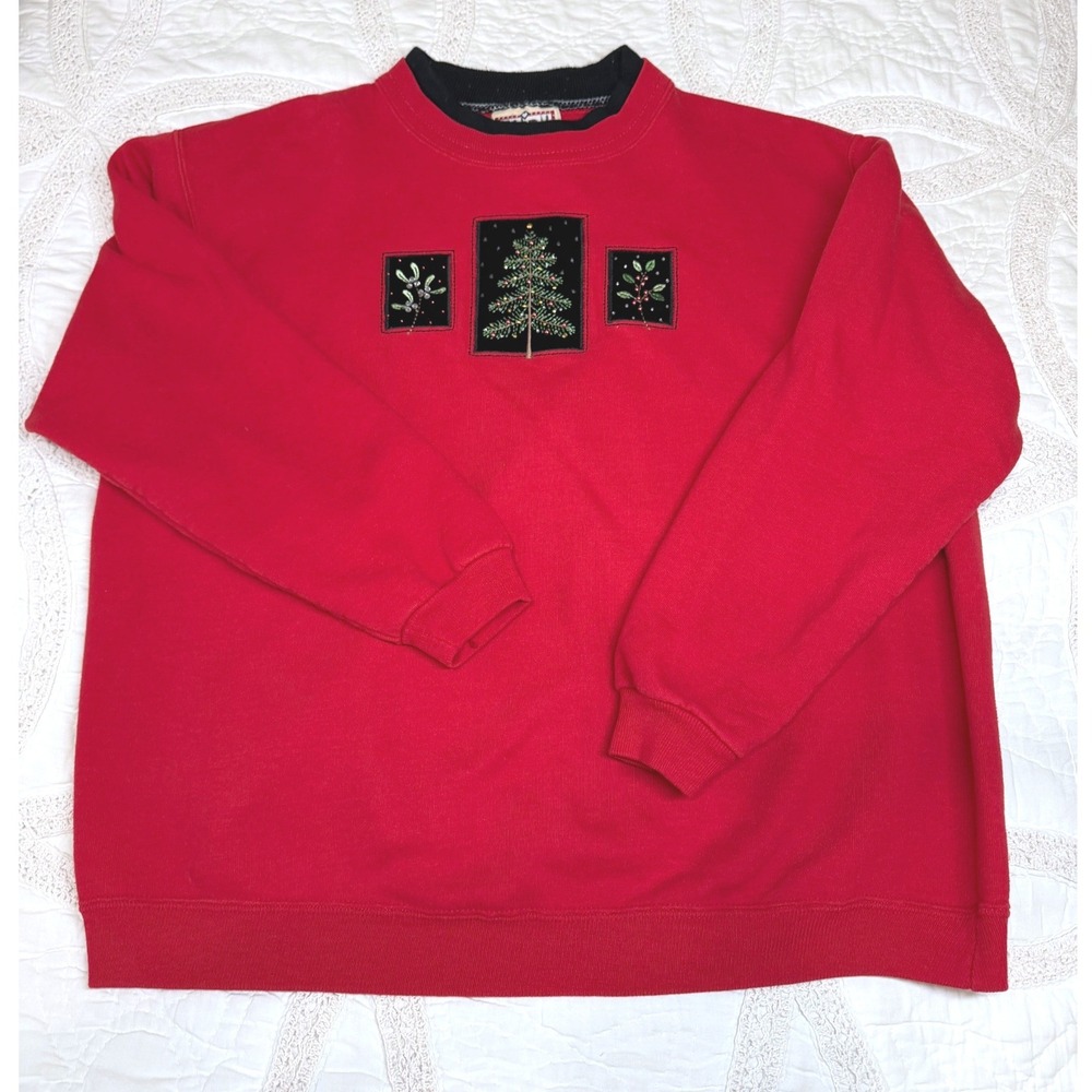 Vintage Y2K Christmas Tree Grandma Sweatshirt Red Beaded Top Stitch Petite M
